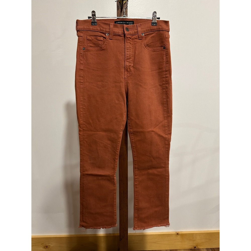 Veronica Beard Carly Kick Flare High Rise Jeans Rust Orange Raw Hem 30 Boho Fall